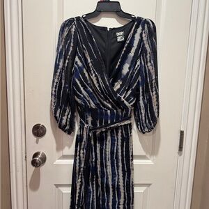 DKNY Black and Blue Printed Surplice-Neck Tie Waist Dress